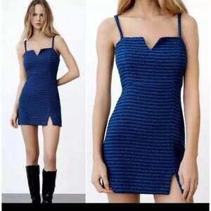 ZARA NEW TWEED TEXTURED TANK MINI DRESS BLUE / BLACK XS Blogger Favorite